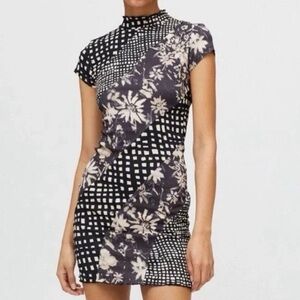 Urban Outfitters-Ninja Splice Floral & Square Mock Neck Bodycon  Mini Dress